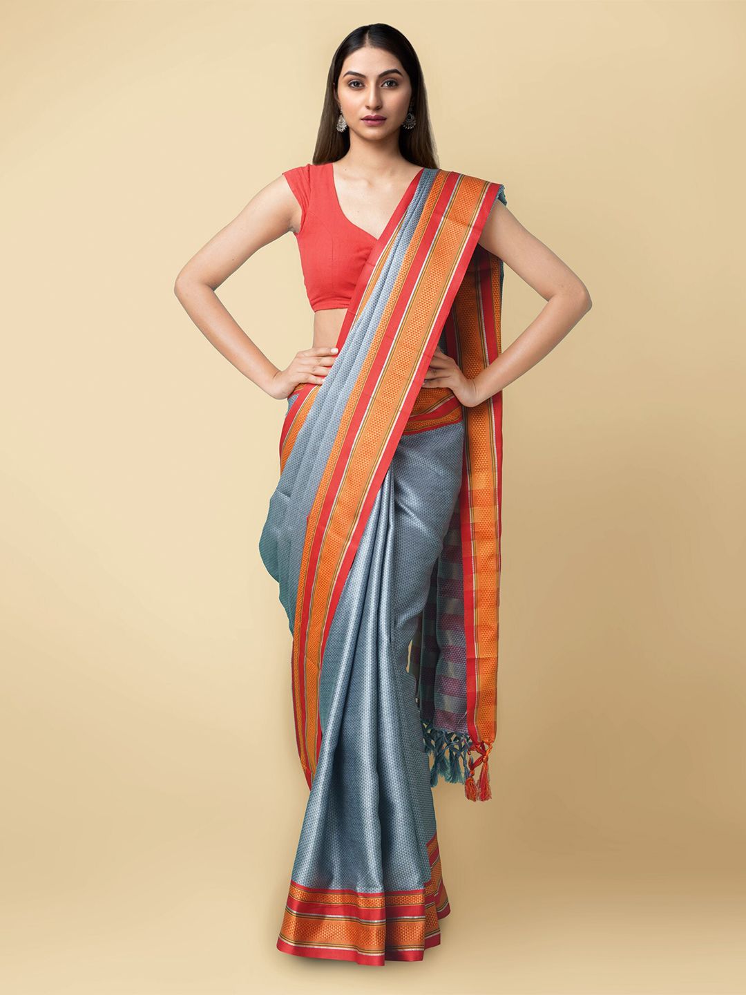Unnati Silks Grey & Orange Woven Design Art Silk Patola Saree
