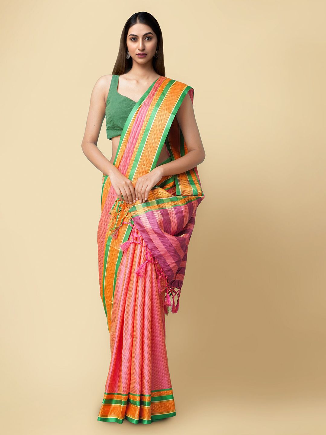 Unnati Silks Pink & Orange Woven Design Art Silk Patola Saree