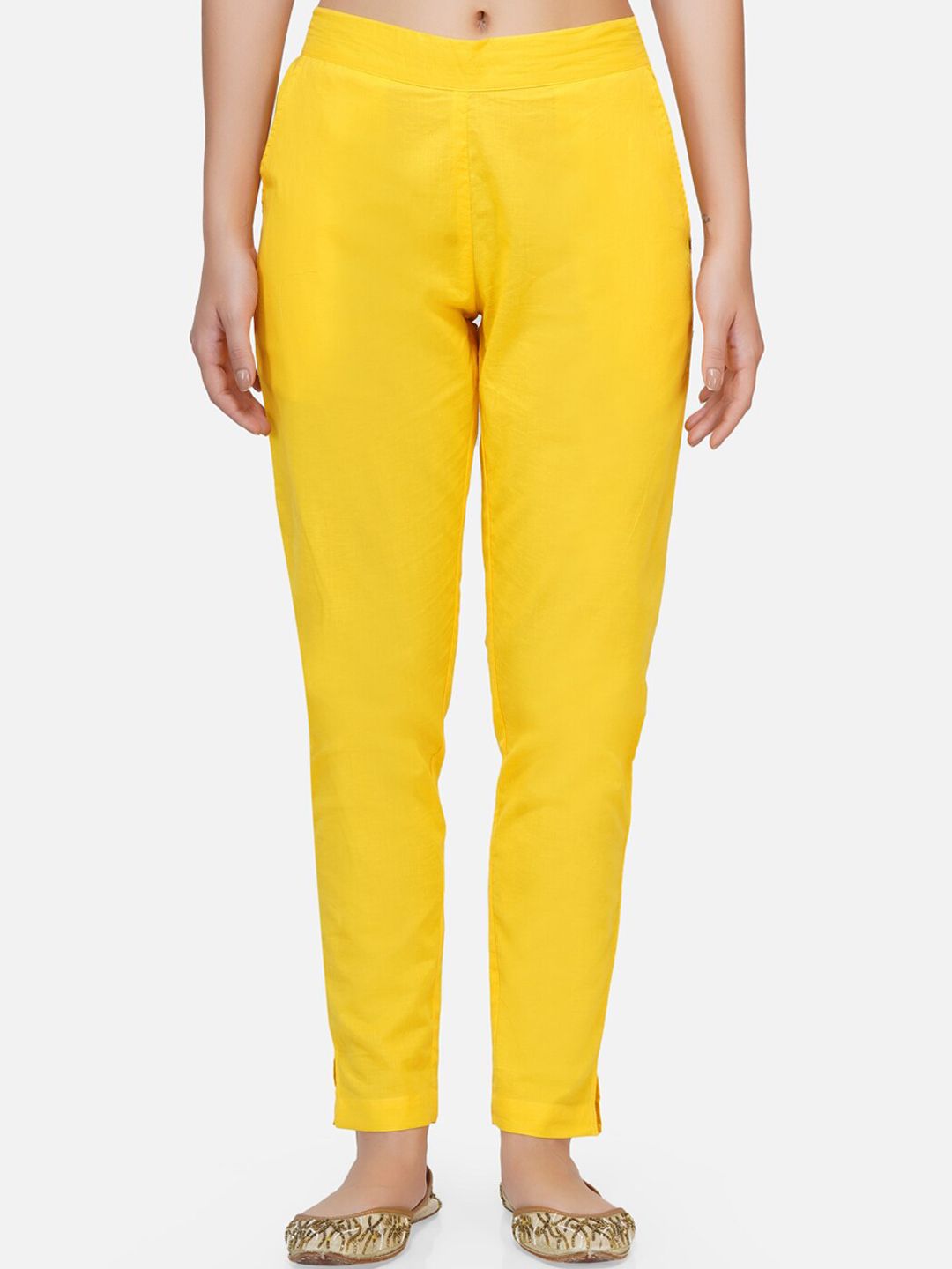 FABNEST Women Yellow Solid Flat-Front Regular Trousers Price in India