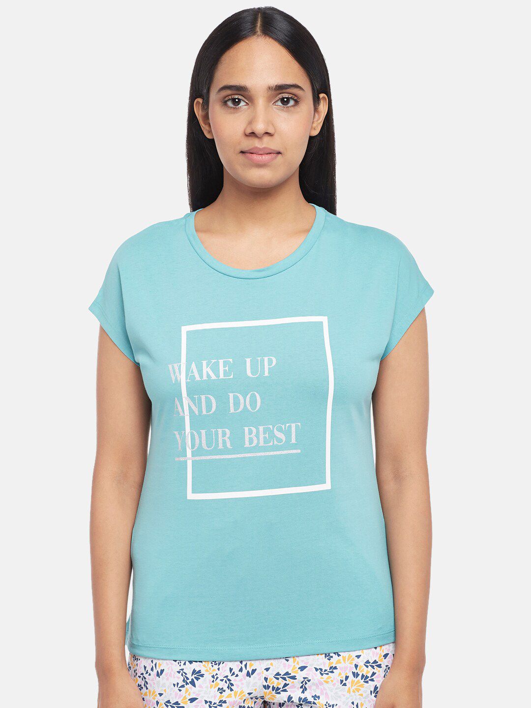 Dreamz by Pantaloons Women Blue & White Printed Regular Lounge T Shirt Price in India