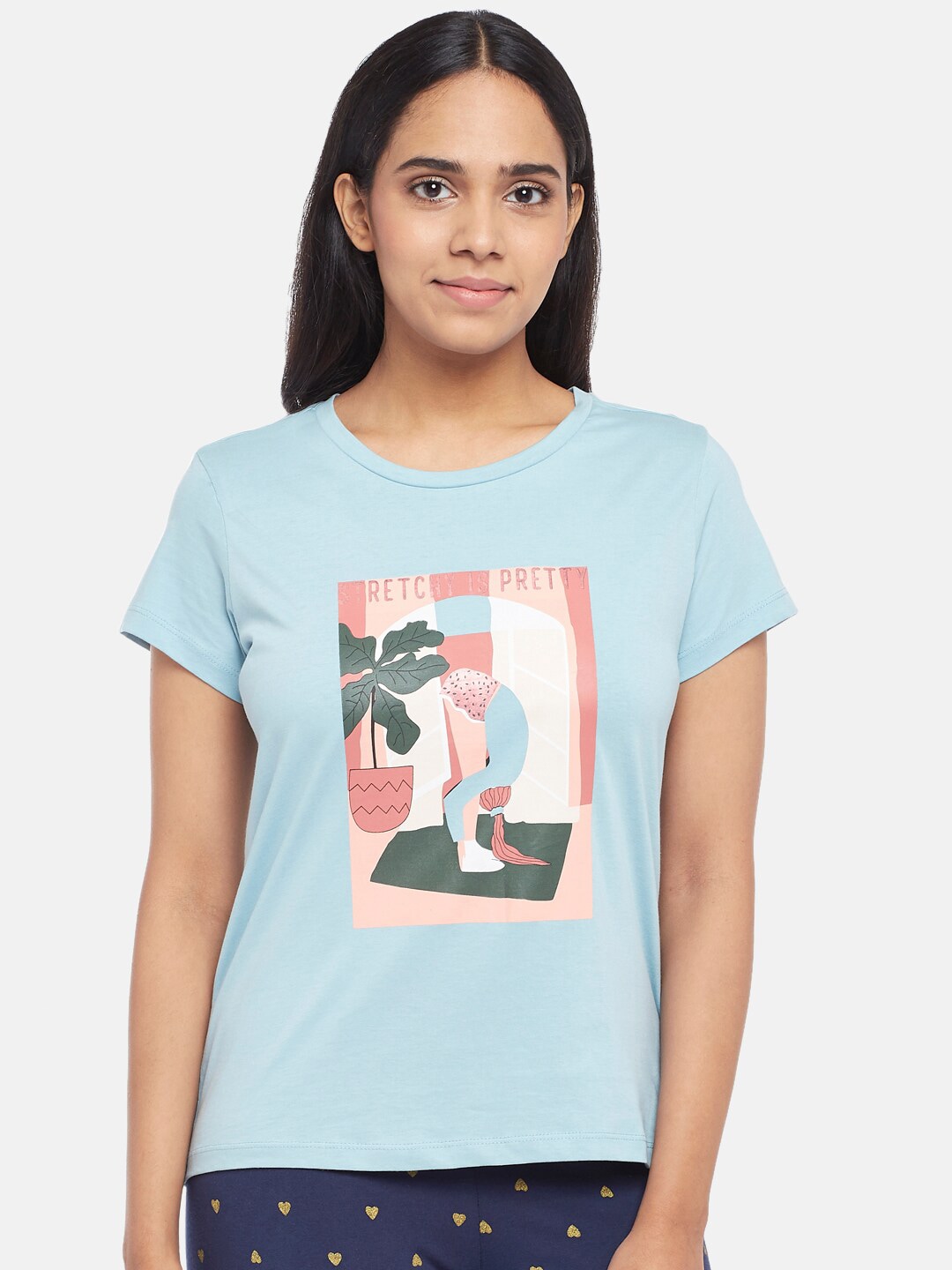 Dreamz by Pantaloons Women Blue & Peach Graphic Printed Pure Cotton Regular Lounge tshirt Price in India