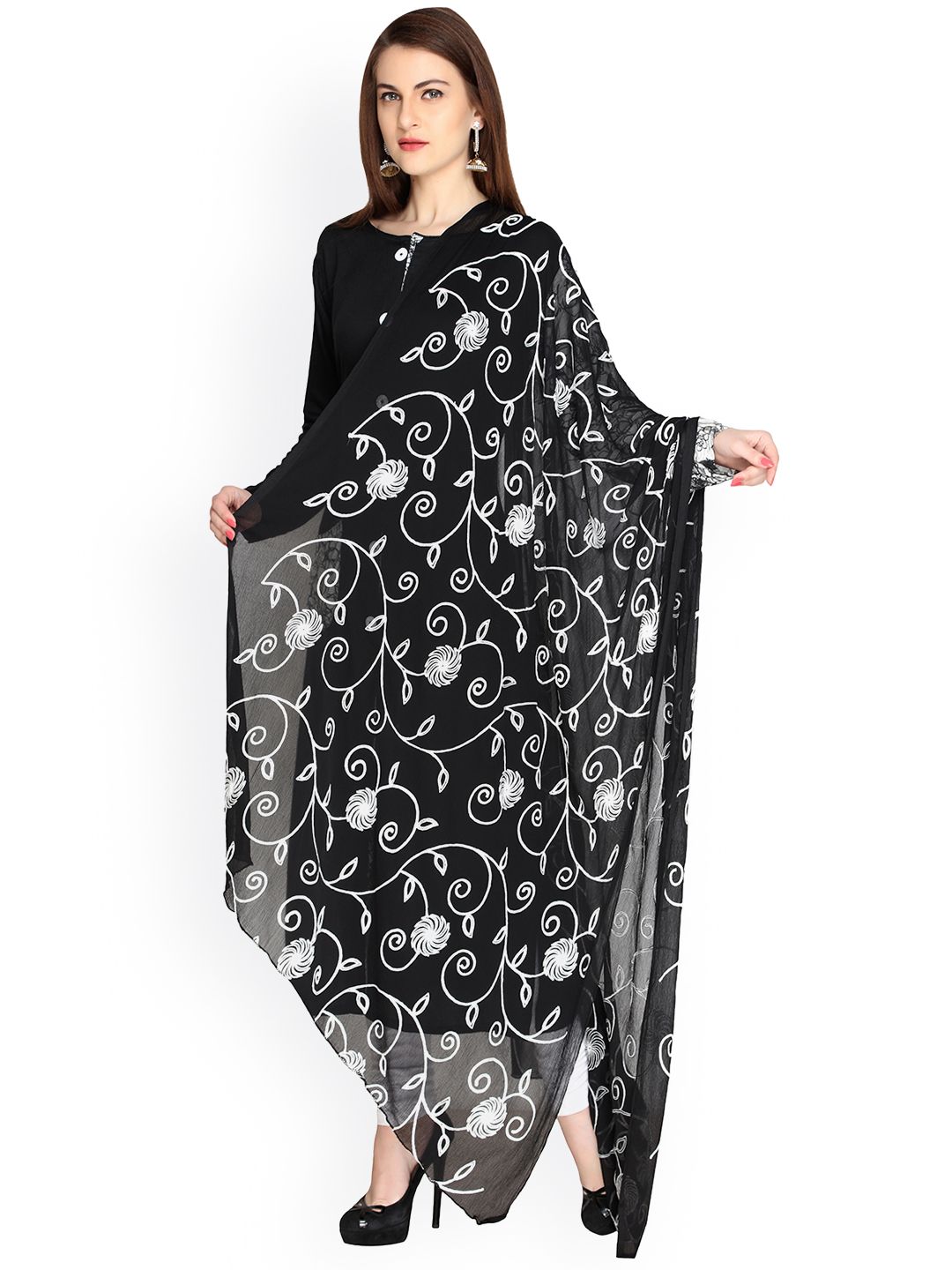 Dupatta Bazaar Black & White Embroidered Chiffon Dupatta Price in India