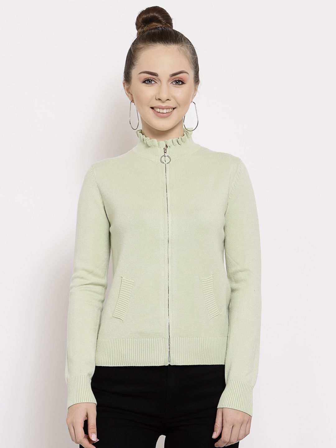 Mafadeny Women Green Solid Front-Open Sweater With Fringed Neck Detailing Price in India