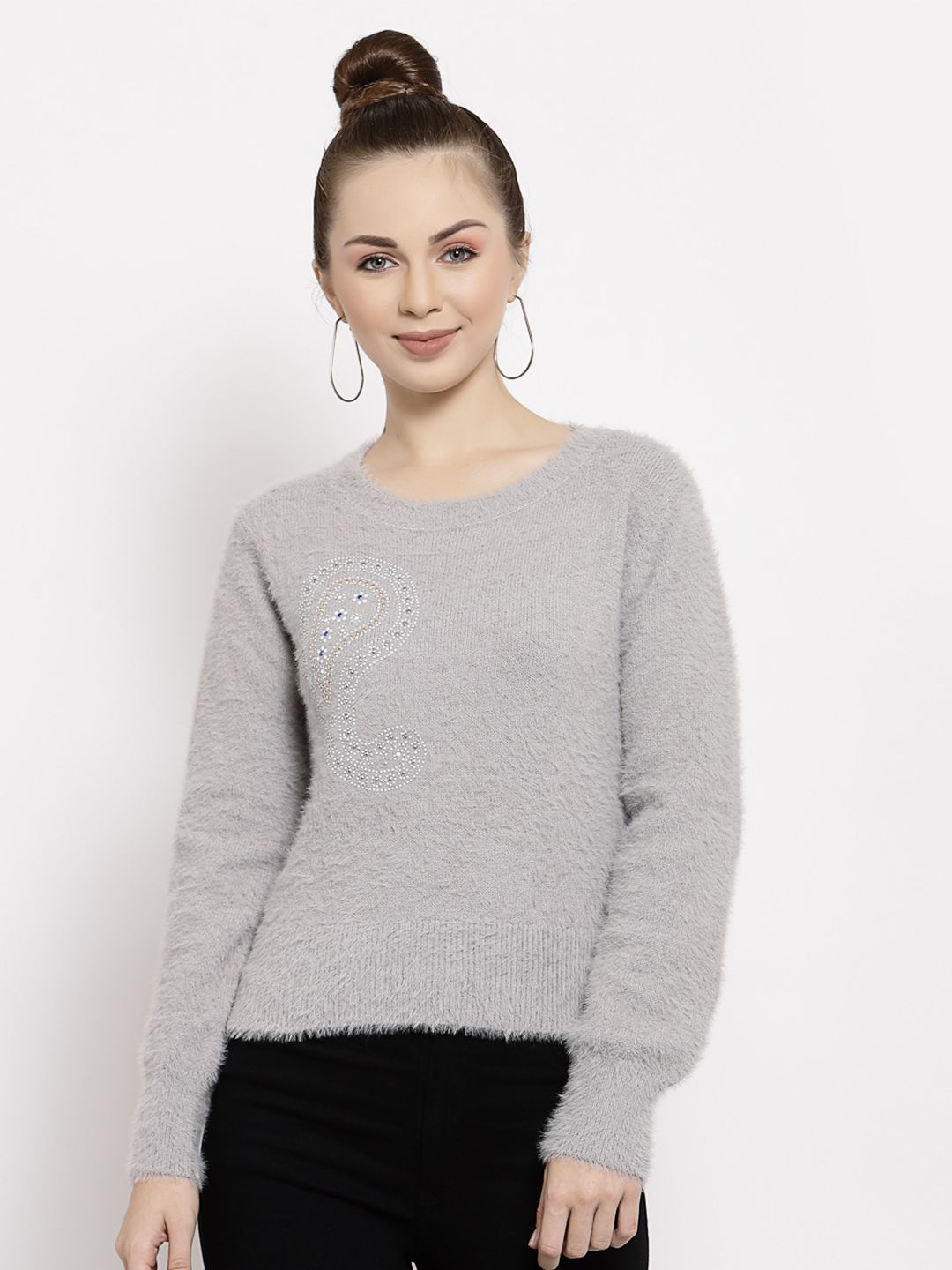 Mafadeny Women Grey & Off White Embroidered Pullover Price in India
