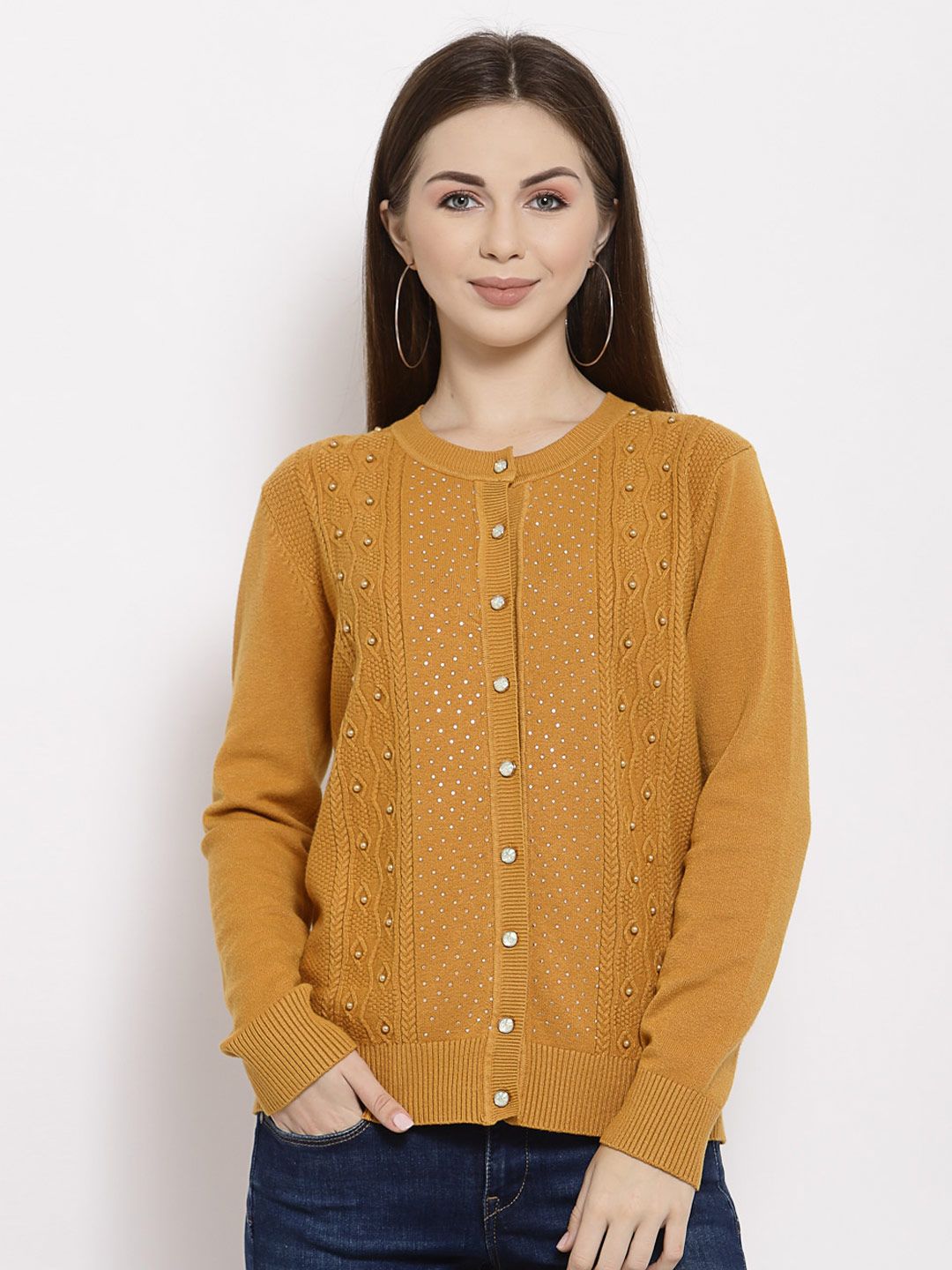 Mafadeny Women Mustard & Silver-Toned Cable Knit Cardigan Price in India