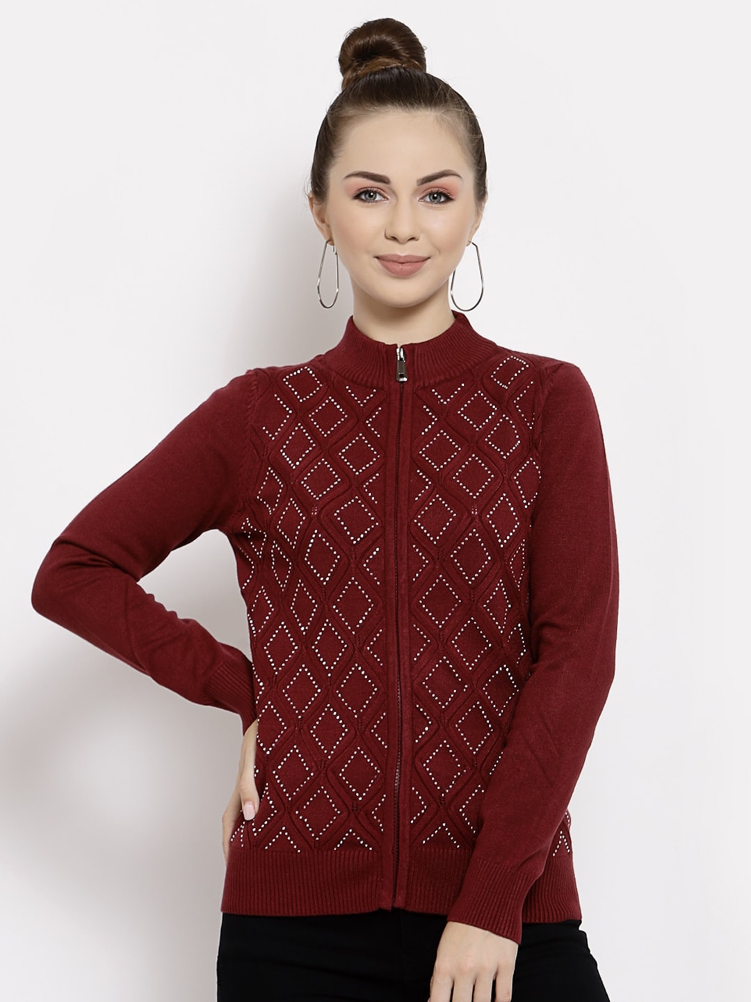 Mafadeny Women Maroon & White Self Design Front-Open Sweater With Embroidered Detailing Price in India