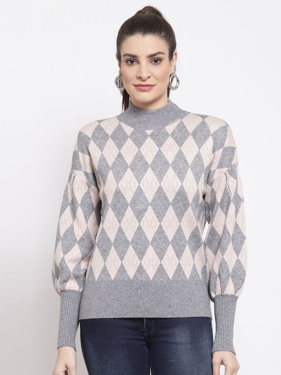 Mafadeny Women Grey Geometric Turtle Neck Sweater Price in India