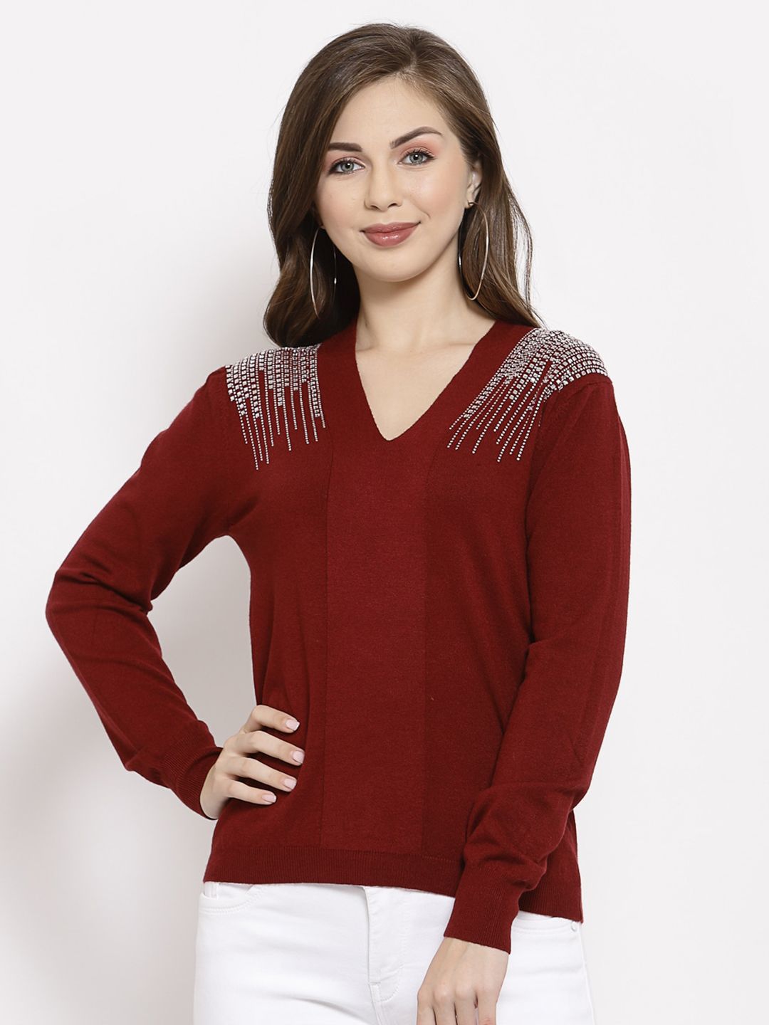 Mafadeny Women Maroon & Silver-Toned Embellished Pullover Price in India