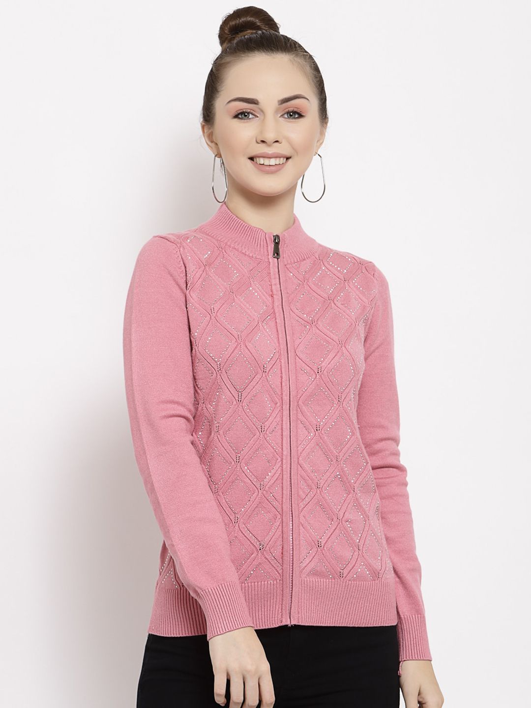 Mafadeny Women Pink Geometric Self Design Front-Open Sweater With Embellished Detailing Price in India