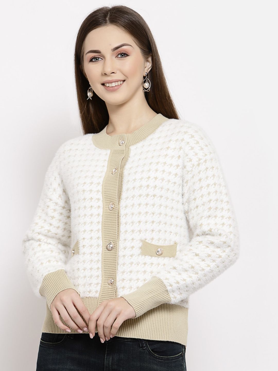 Mafadeny Women Cream-Coloured & Beige Floral Sweater Vest Price in India