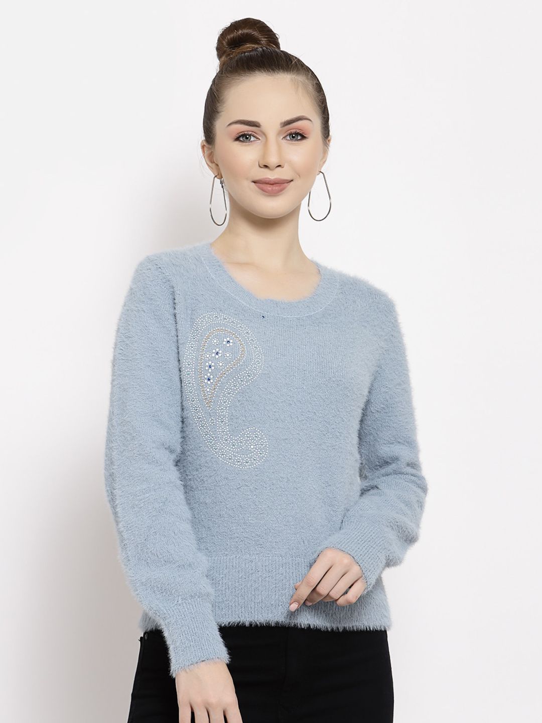 Mafadeny Women Blue Embroidered Sweater Price in India