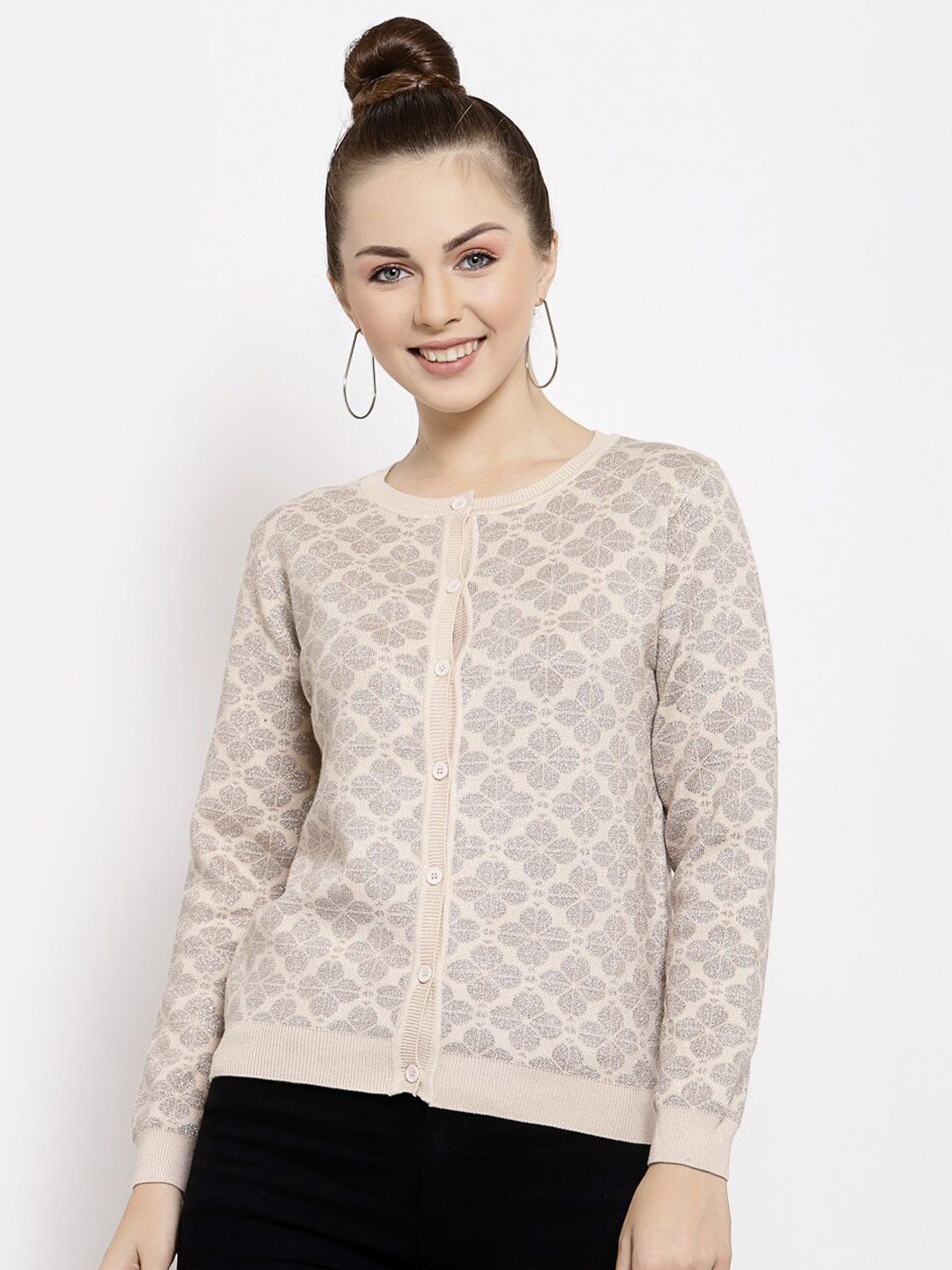 Mafadeny Women Beige Printed Cardigan Price in India