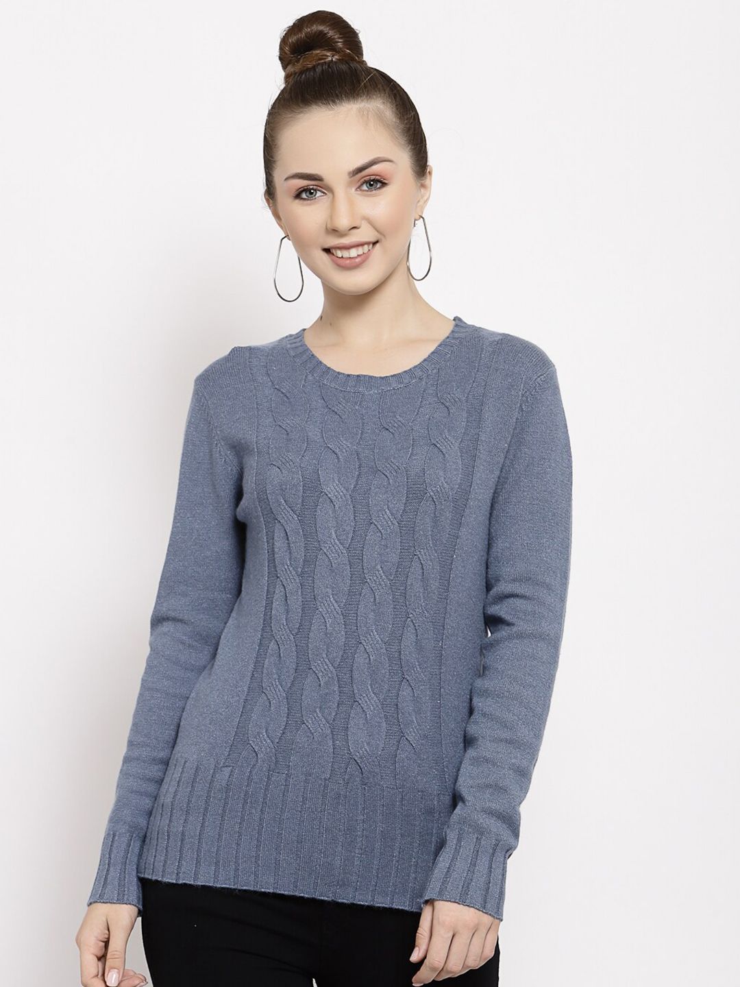 Mafadeny Women Blue Cable Knit Sweater Price in India