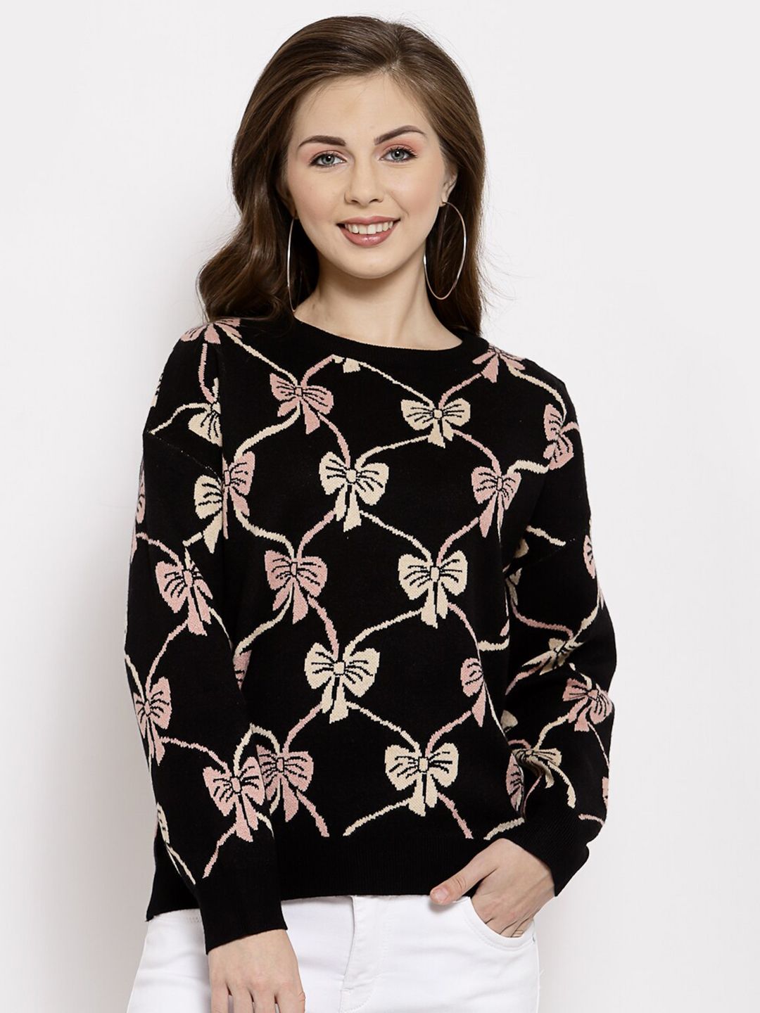 Mafadeny Women Black & Pink Floral Printed Pullover Price in India