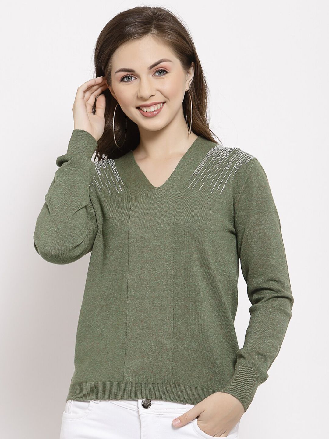 Mafadeny Women Green & Silver-Toned Cable Knit Pullover Price in India