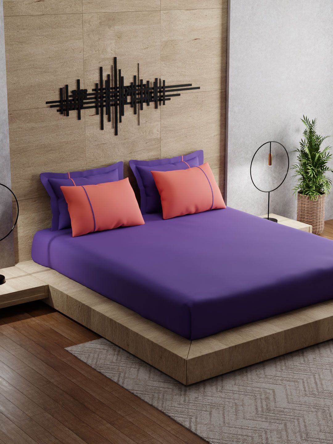 Stoa Paris Violet & Peach-Coloured 144 TC Pure Cotton King Bedsheet With 4 Pillow Covers Price in India