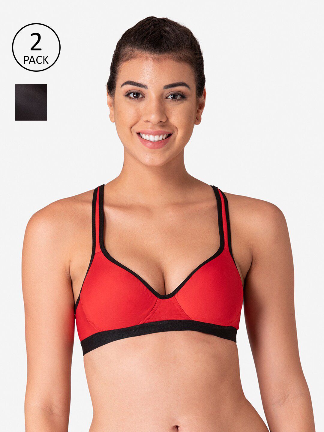 KOMLI Pack of 2 Red & Black Lightly Padded Workout Sports Bra Price in India