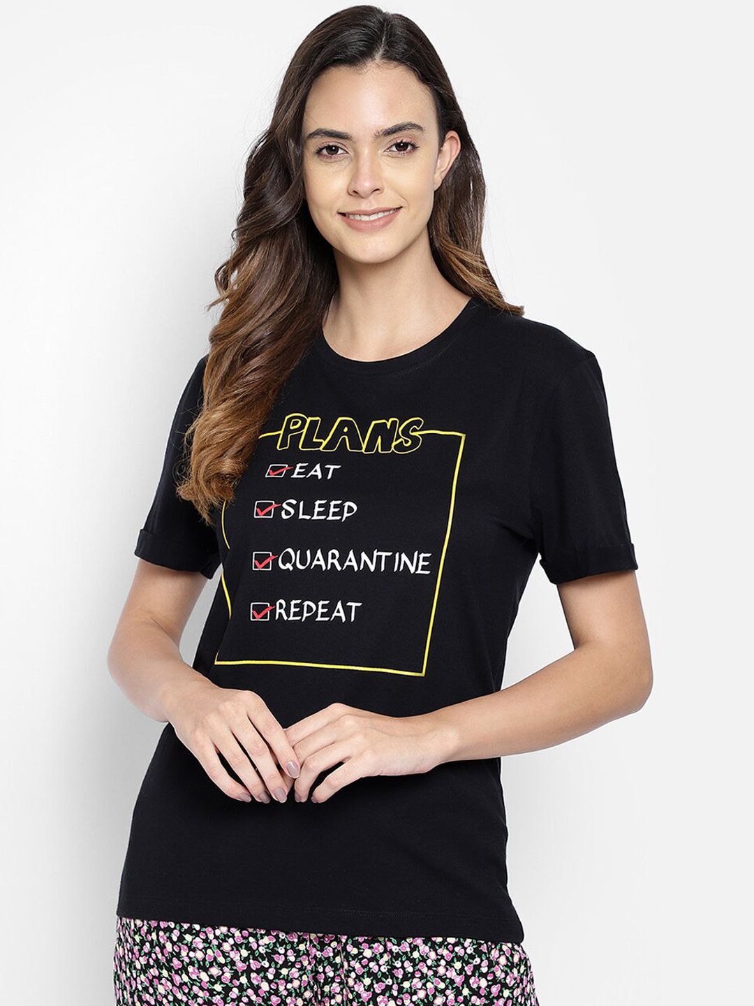 Clovia Women Black & Yellow Printed Cotton Lounge T-Shirt Price in India