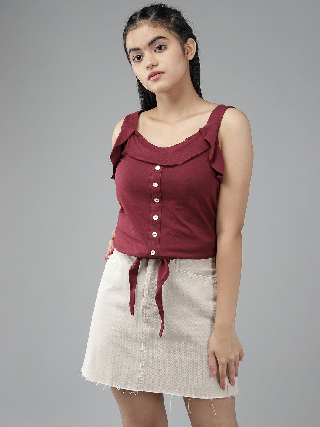 UTH by Roadster Girls Maroon Solid Waist Tie-Ups Pure Cotton Top