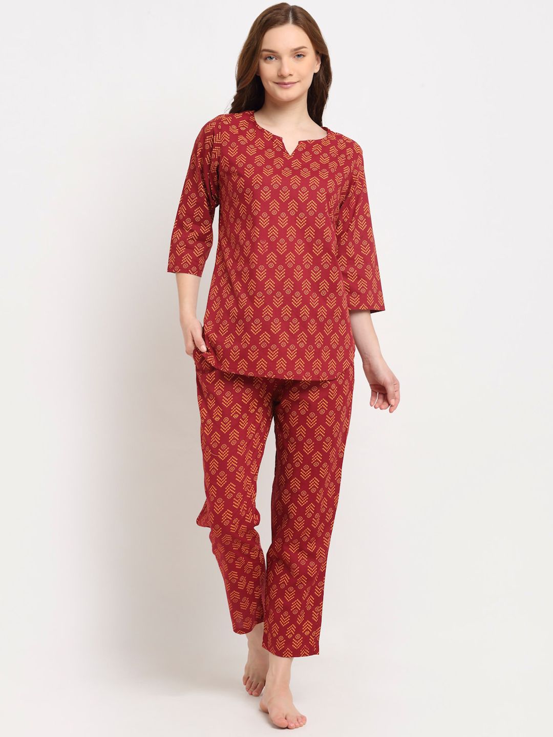 Aujjessa Women Maroon & Yellow Printed Night suit Price in India