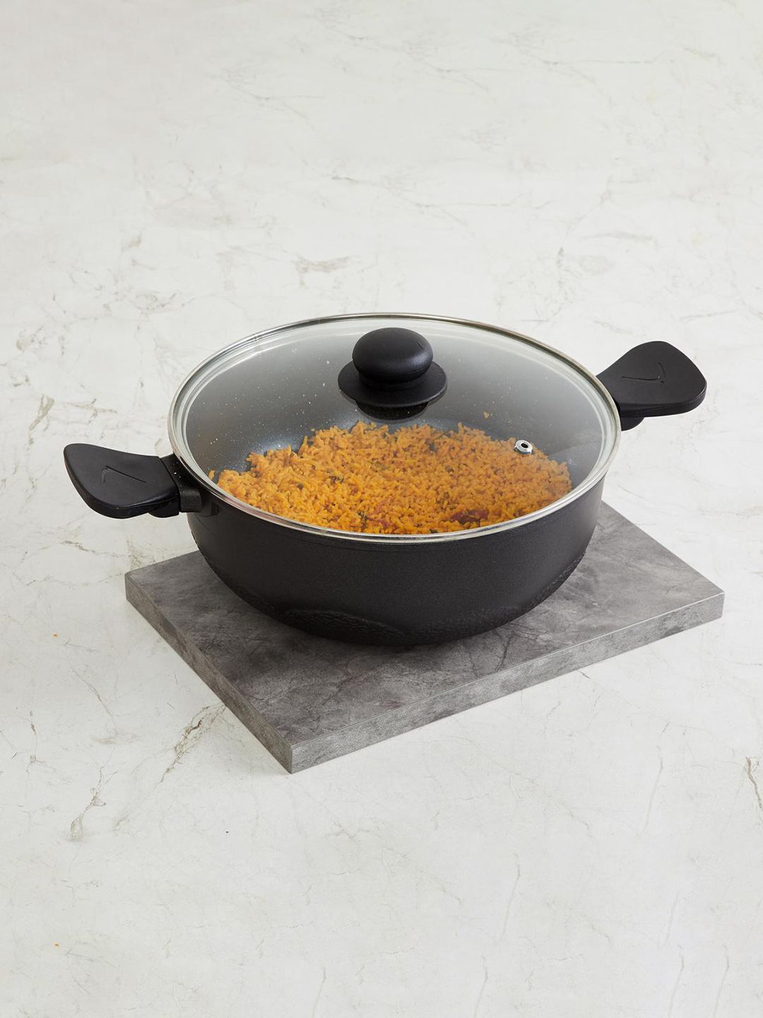 Home Centre Black Patterned Aluminium Fiesta-Eric Non Stick Kadhai With Glass Lid Price in India