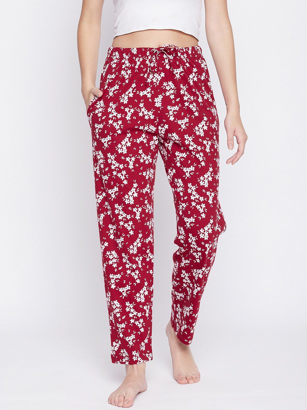 C9 AIRWEAR Women Red & White Floral Printed Pure Cotton Lounge Pants Price in India