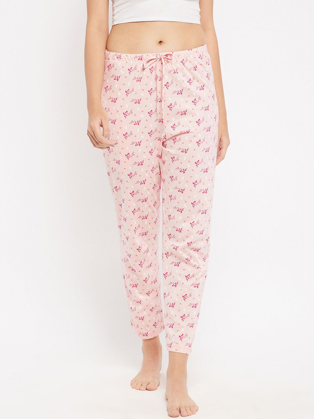 C9 AIRWEAR Women Peach-Coloured & White Printed Pure Cotton Regular Fit Lounge Pants Price in India