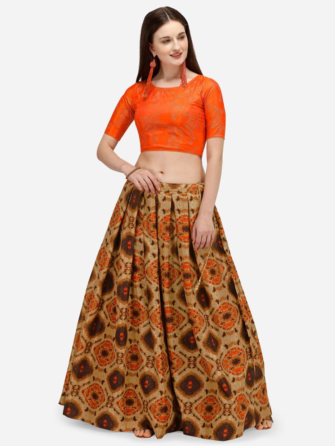 LEWAWAA Tan Brown & Orange Printed Foil Print Ready to Wear Lehenga & Unstitched Choli Price in India