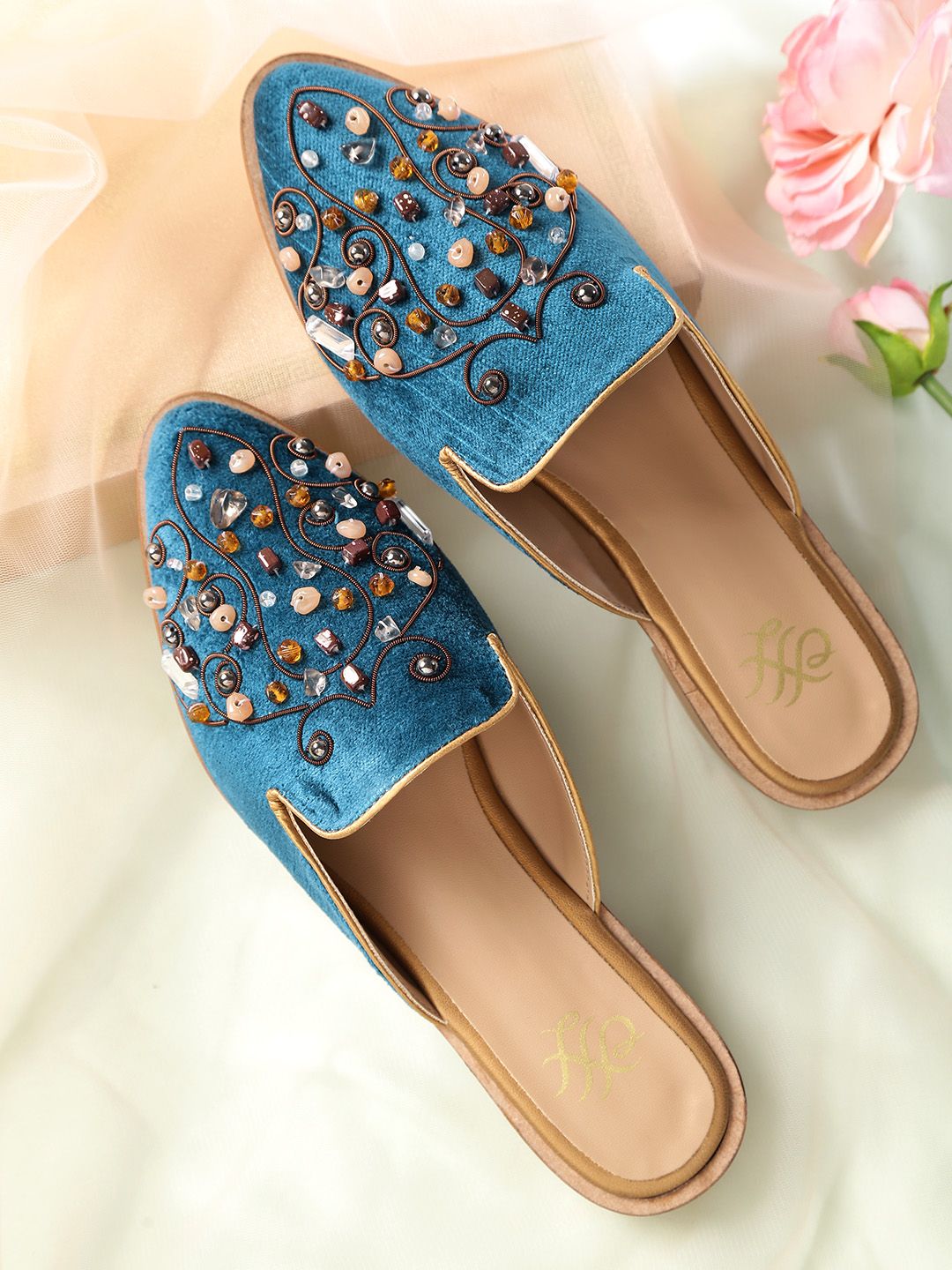 House of Pataudi Women Teal Blue Beaded Ethnic Mules Price in India