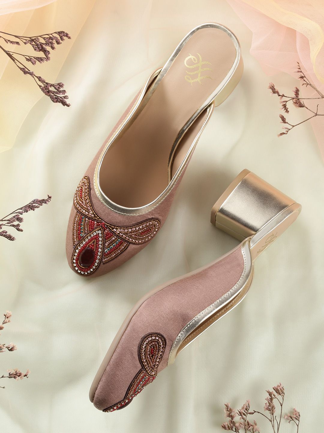 House of Pataudi Dusty Pink Embellished Handcrafted Block Heeled Mules Price in India