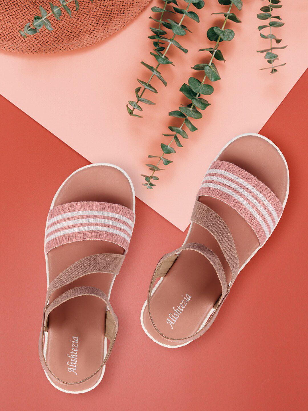 Alishtezia Women Pink & White Striped Flatform Sandals Price in India