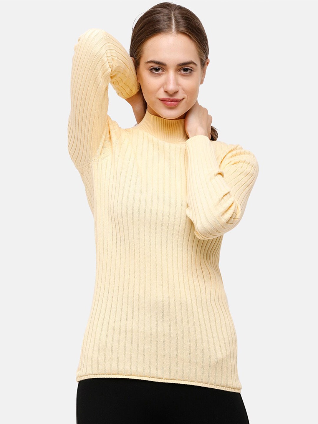 98 Degree North Women Yellow Striped Self Design Pure Cotton Pullover Price in India