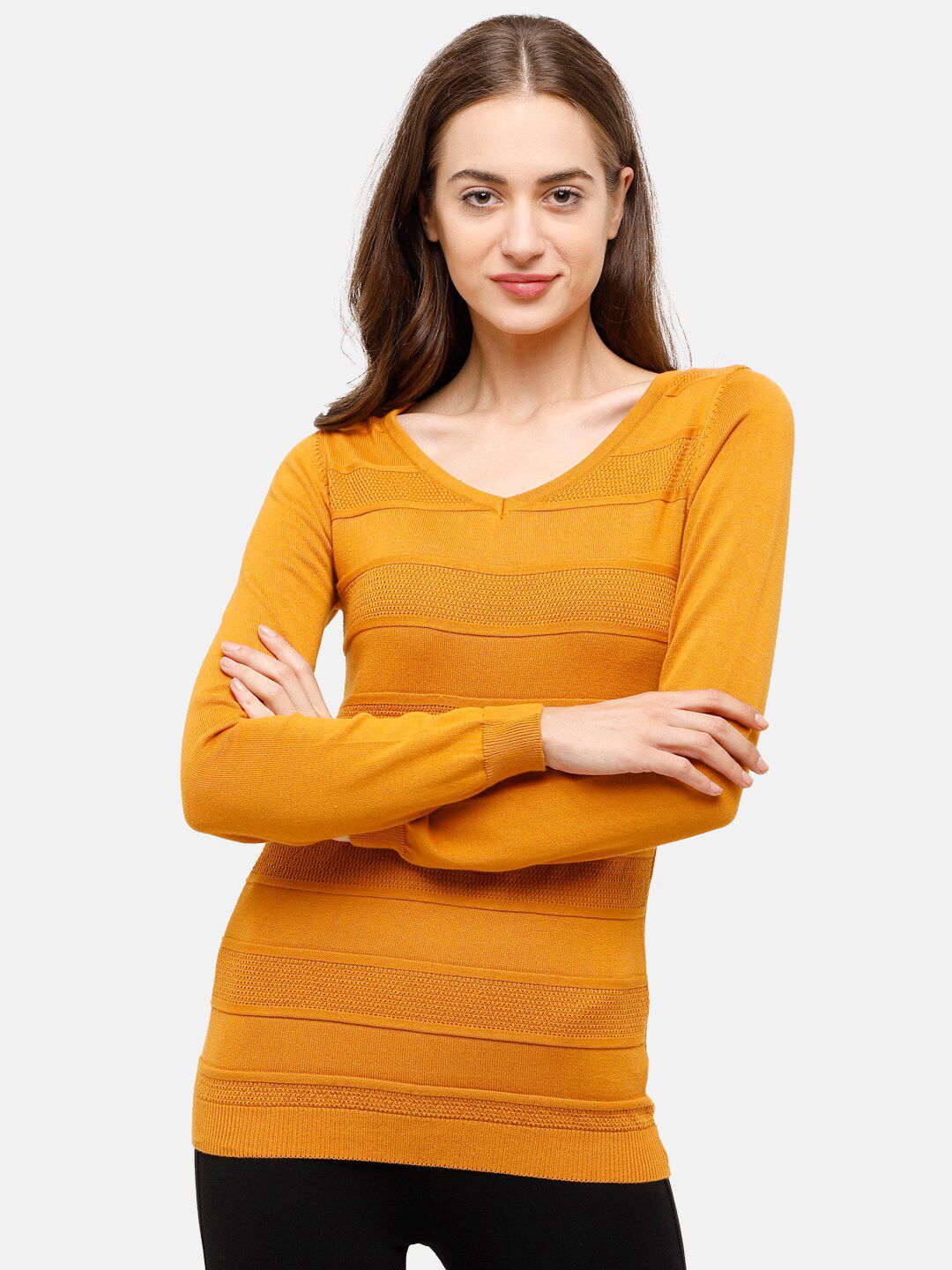 98 Degree North Women Mustard Striped Pullover Price in India