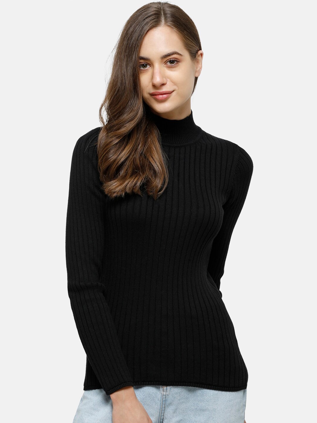98 Degree North Women Black Self Design Turtle Neck Sweater Price in India