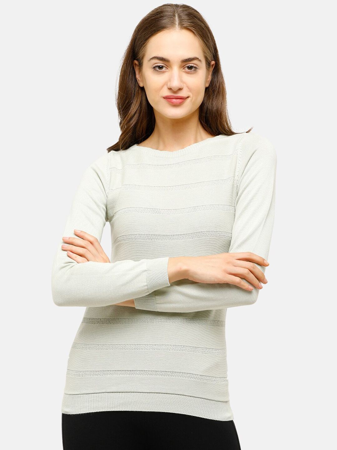 98 Degree North Women Grey Striped Pullover Price in India