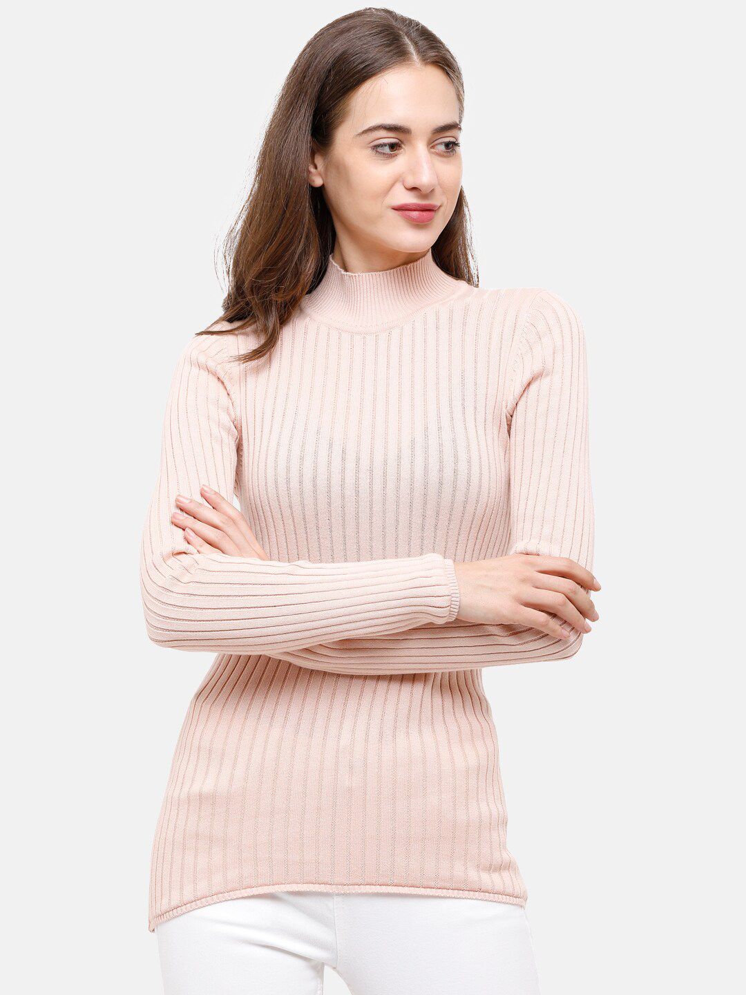 98 Degree North Women Pink Ribbed Pure Cotton Long Sleeves Pullover Price in India