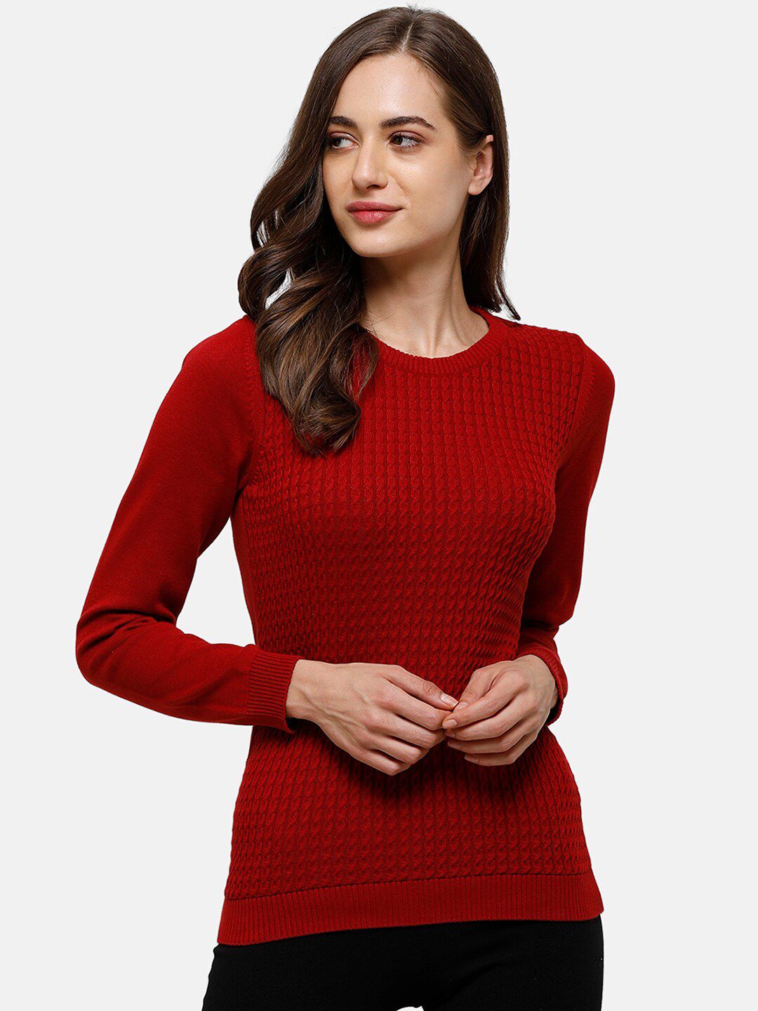 98 Degree North Women Maroon Striped Pullover Price in India