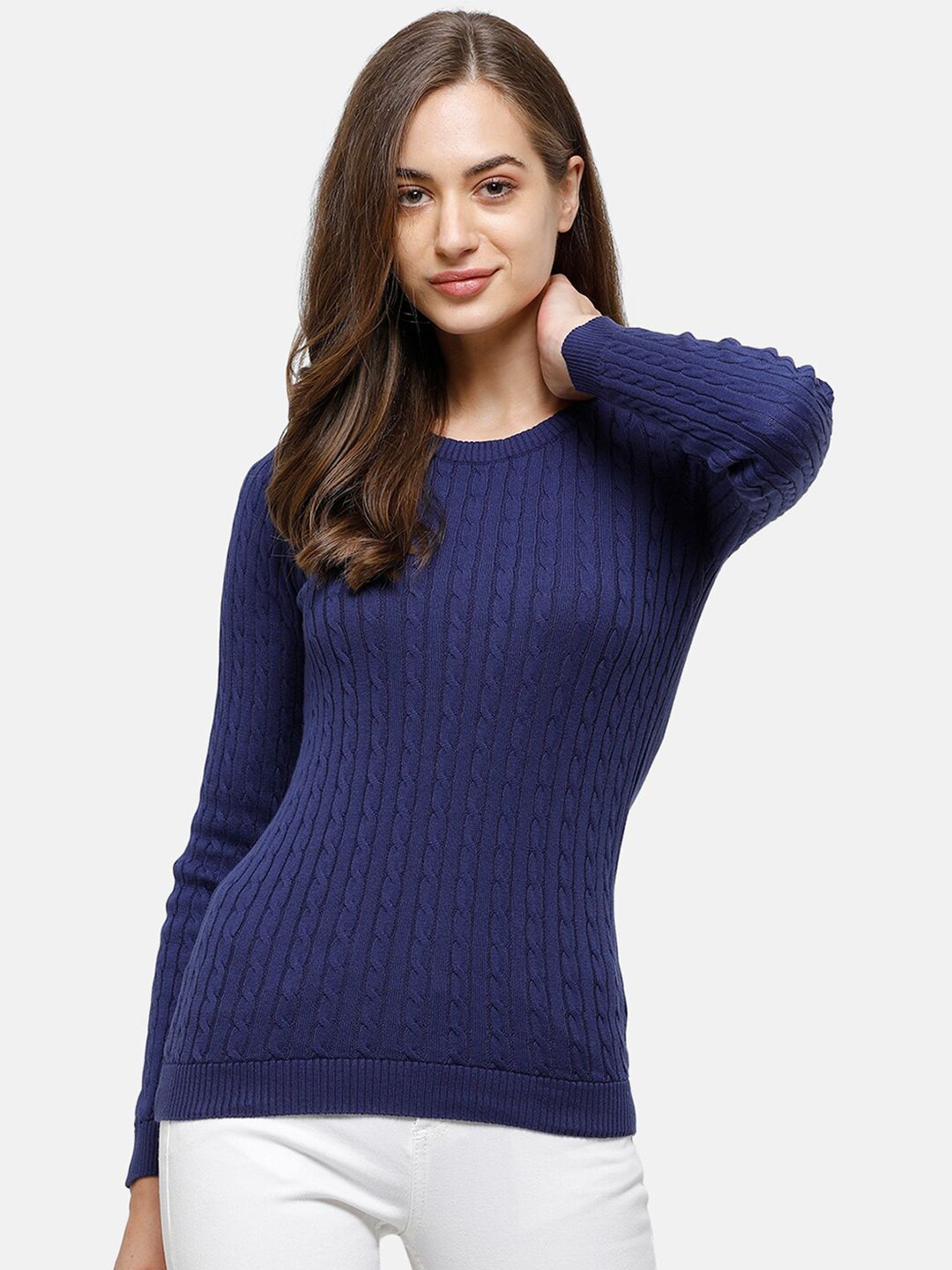 98 Degree North Women Navy Blue Striped Pullover Price in India