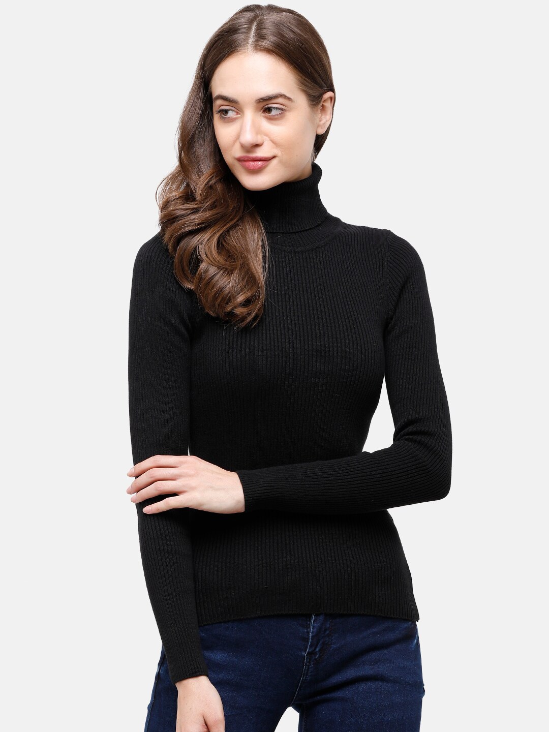 98 Degree North Women Black Ribbed Pure Cotton Long Sleeves Pullover Price in India