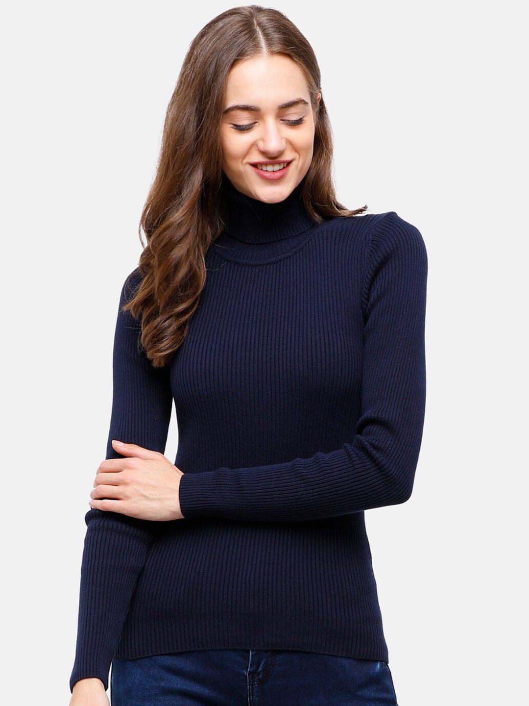 98 Degree North Women Navy Blue Turtle Neck Ribbed Pullover Price in India