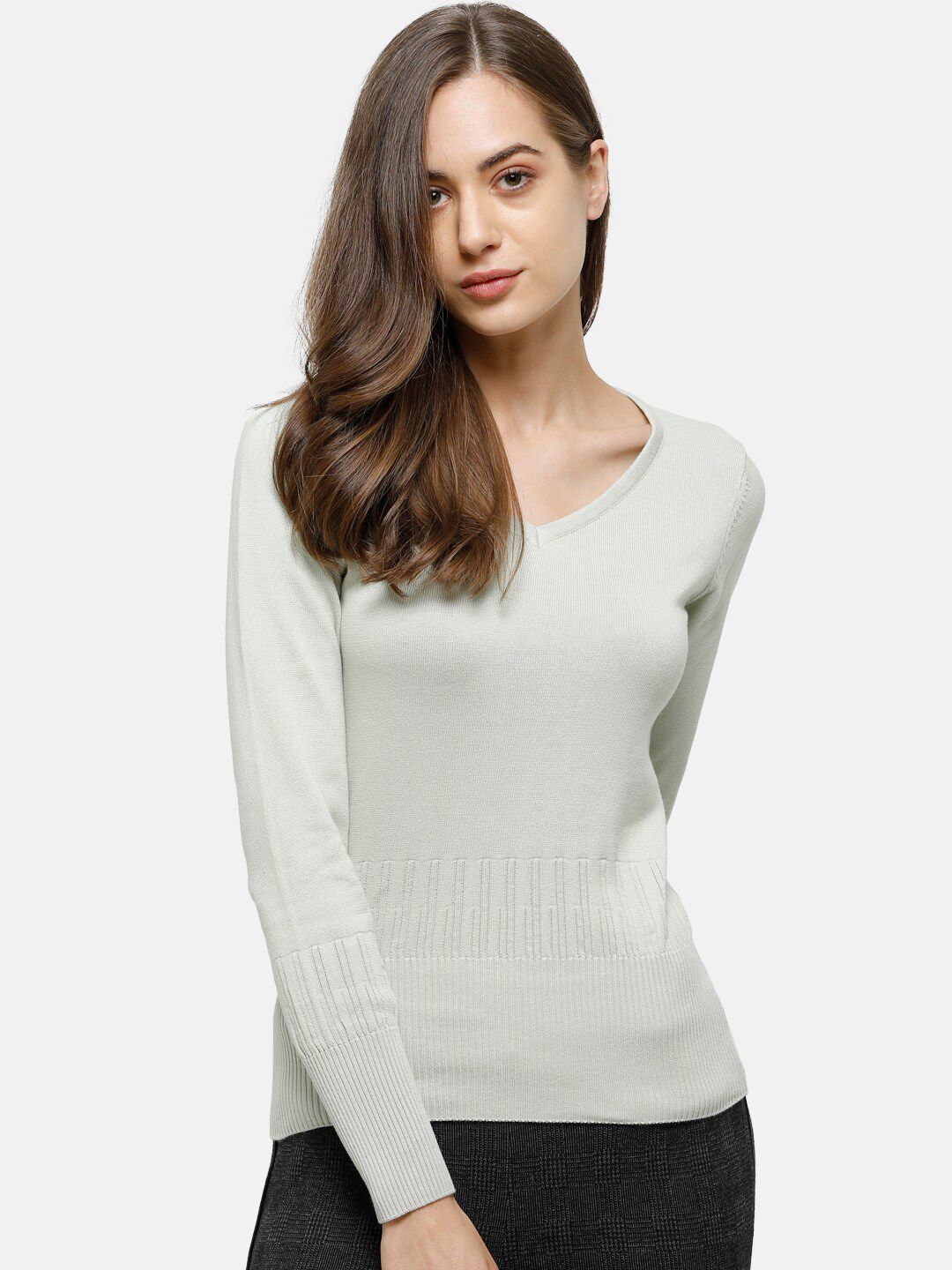 98 Degree North Women Grey Solid V-neck Sweater Price in India