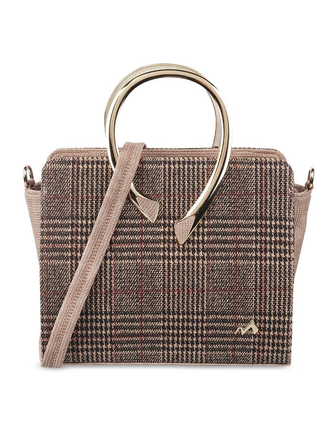 Metro Women Brown Checked PU Structured Handheld Bag Price in India