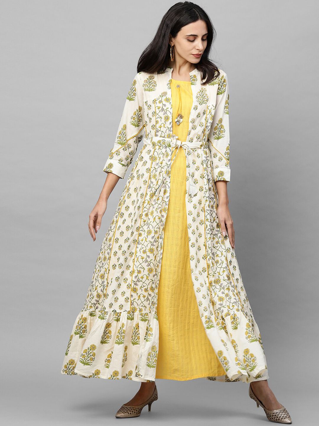 FASHOR Yellow & Off White Ethnic Motifs Jaal Printed Layered Ethnic Maxi Dress