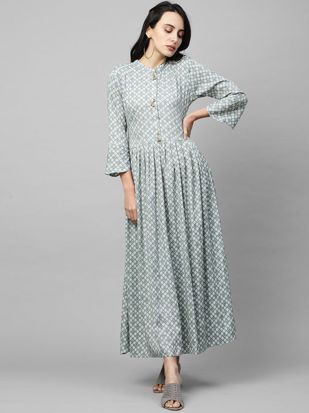 FASHOR Grey & White Ethnic Motifs Block Printed Ethnic Maxi Fit & Flare Dress with Mask