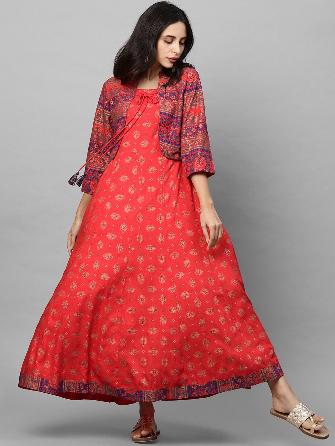 FASHOR Red & Blue Ethnic Motifs Foil Printed Ethnic Maxi Dress with Jacket
