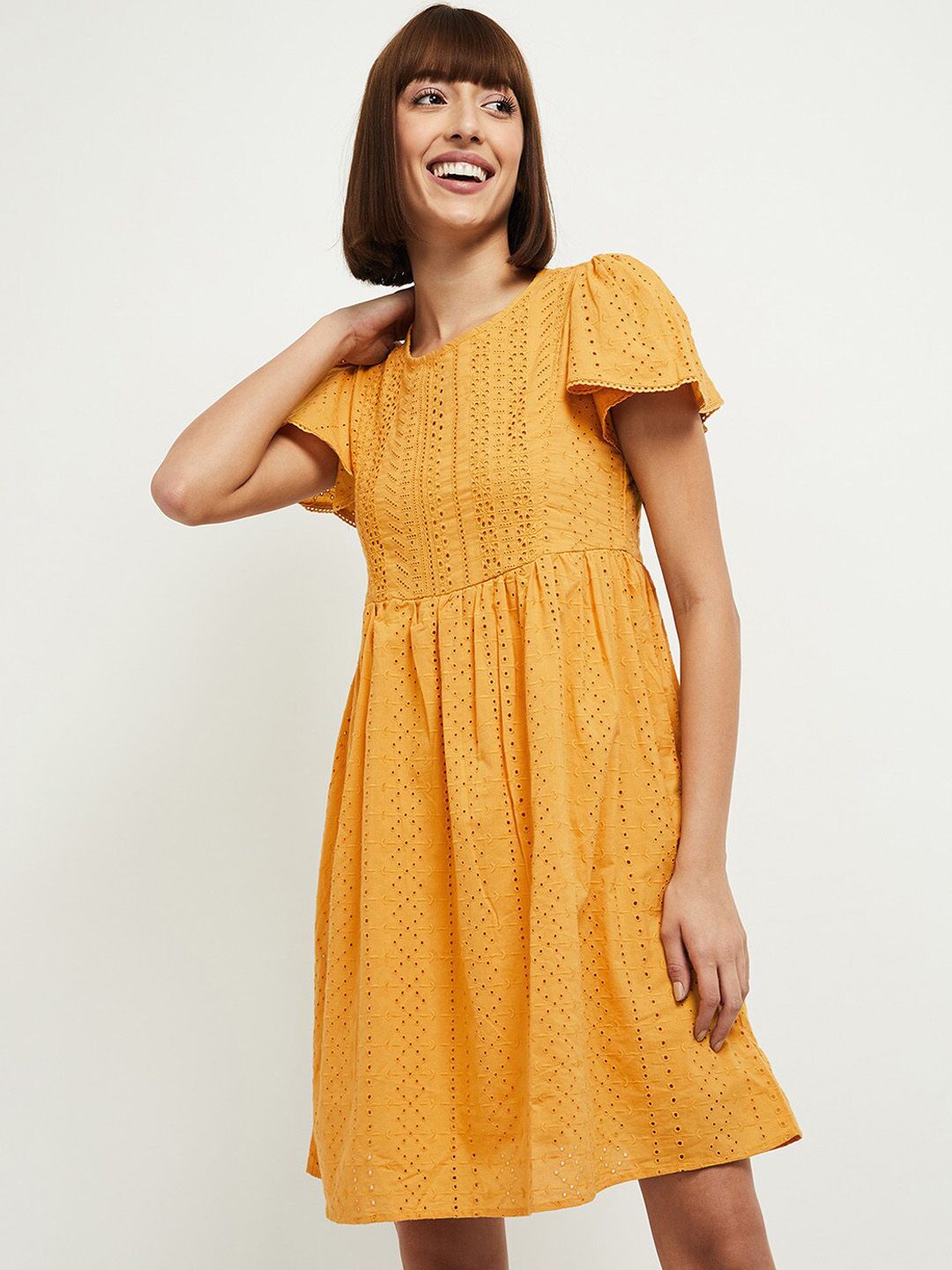 max Women Mustard Yellow Self Design Dress