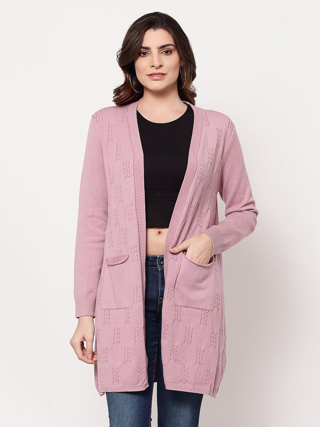 Mafadeny Women Pink Self-Design Longline Shrug