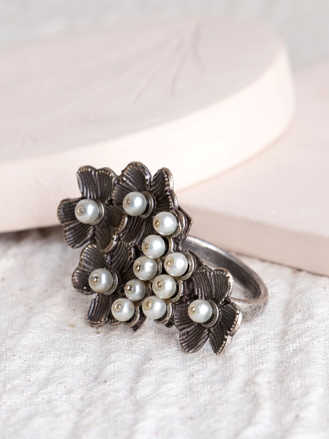 Infuzze Oxidised Silver-Plated White Beaded Finger Ring Price in India