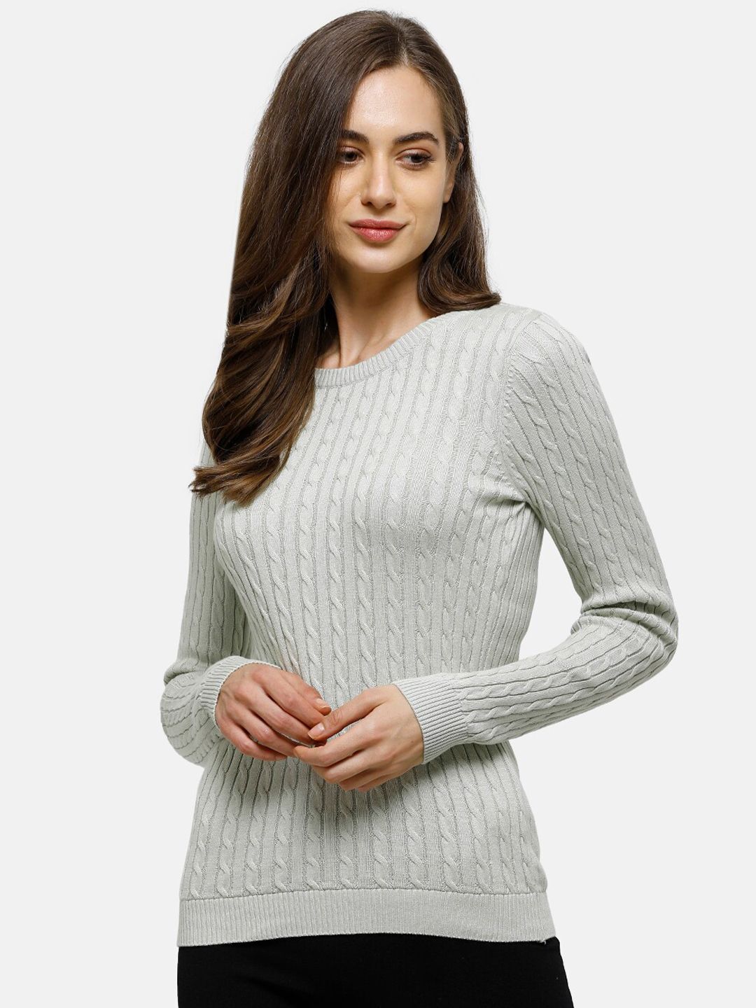 98 Degree North Women Grey Cable Knit Round Neck Sweater Price in India