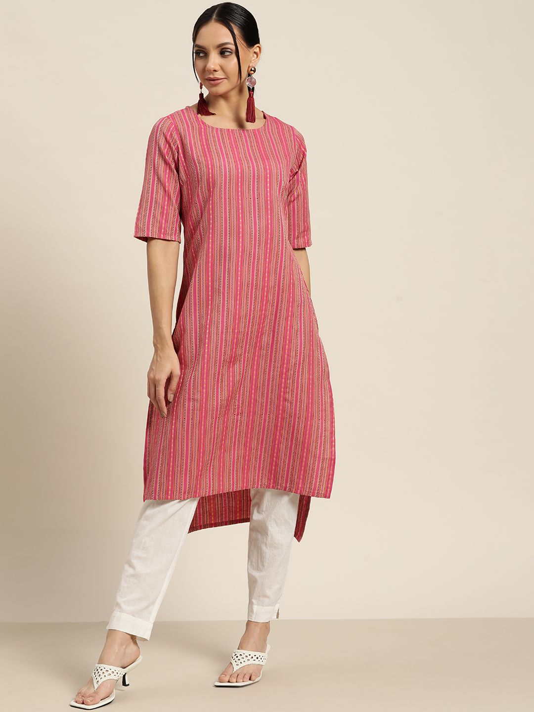 Sangria Women Pink & Yellow Striped High-Low Straight Kurta Price in India